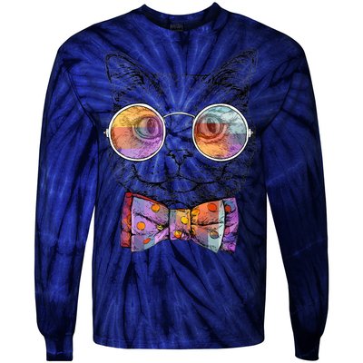 Nerd Cat With Glasses and Bow Tie Tie-Dye Long Sleeve Shirt