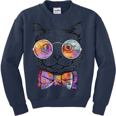 Nerd Cat With Glasses and Bow Tie Kids Sweatshirt