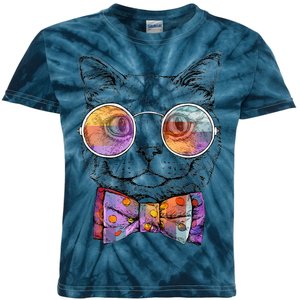 Nerd Cat With Glasses and Bow Tie Kids Tie-Dye T-Shirt