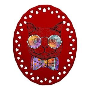 Nerd Cat With Glasses and Bow Tie Ceramic Oval Ornament