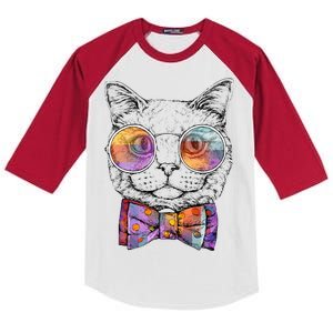 Nerd Cat With Glasses and Bow Tie Kids Colorblock Raglan Jersey