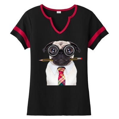 Nerdy Pug Dog With Glasses Ladies Halftime Notch Neck Tee