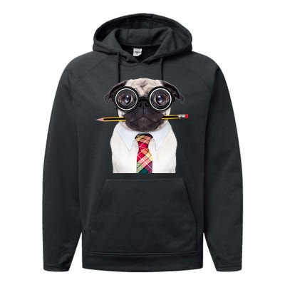 Nerdy Pug Dog With Glasses Performance Fleece Hoodie