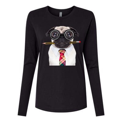 Nerdy Pug Dog With Glasses Womens Cotton Relaxed Long Sleeve T-Shirt