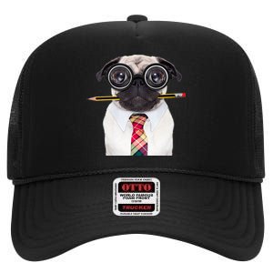 Nerdy Pug Dog With Glasses High Crown Mesh Back Trucker Hat