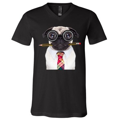 Nerdy Pug Dog With Glasses V-Neck T-Shirt