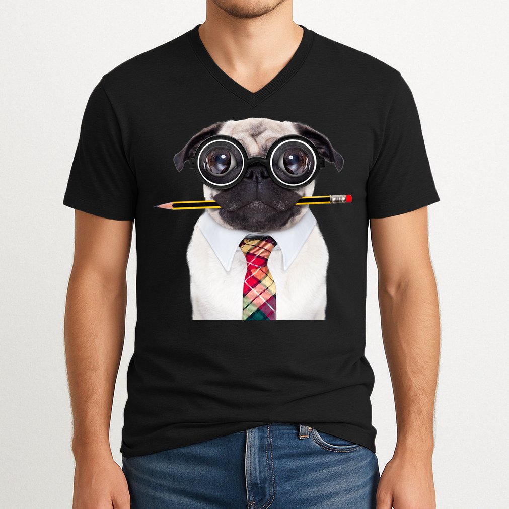 Nerdy Pug Dog With Glasses V-Neck T-Shirt