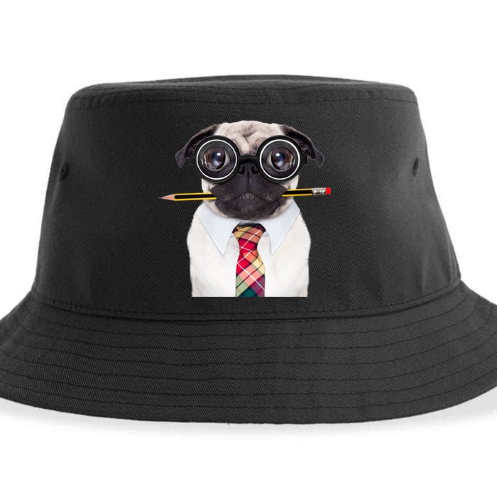 Nerdy Pug Dog With Glasses Sustainable Bucket Hat