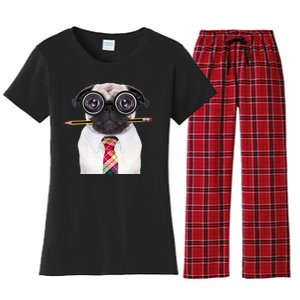 Nerdy Pug Dog With Glasses Women's Flannel Pajama Set