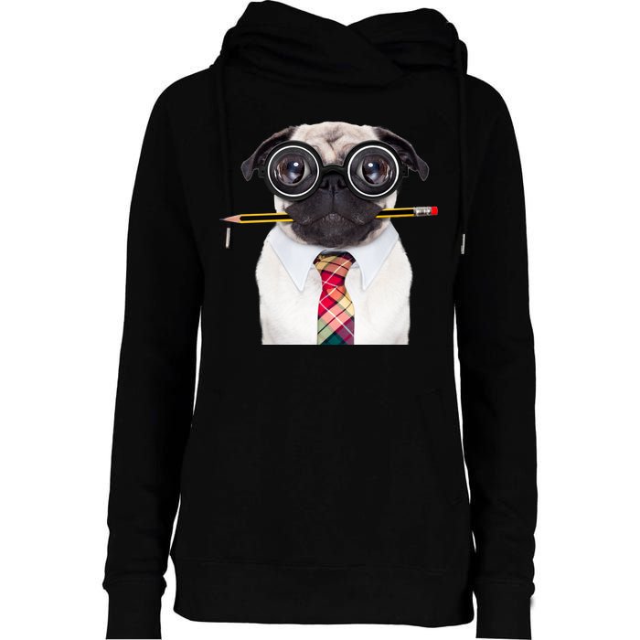 Nerdy Pug Dog With Glasses Womens Funnel Neck Pullover Hood