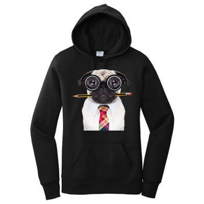 Nerdy Pug Dog With Glasses Women's Pullover Hoodie