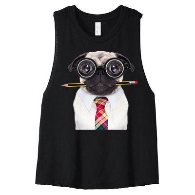 Nerdy Pug Dog With Glasses Women's Racerback Cropped Tank