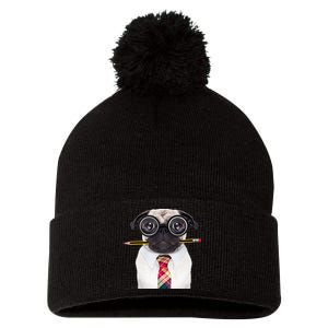 Nerdy Pug Dog With Glasses Pom Pom 12in Knit Beanie