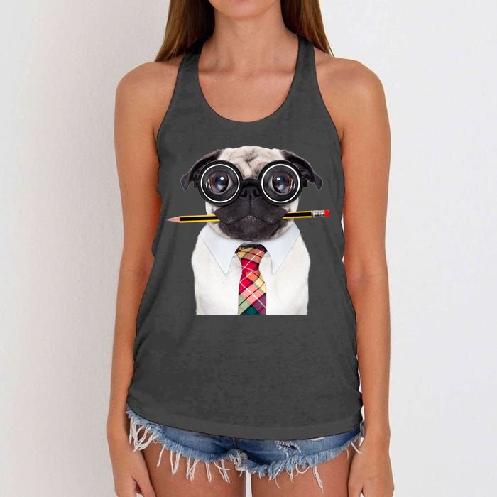 Nerdy Pug Dog With Glasses Women's Knotted Racerback Tank