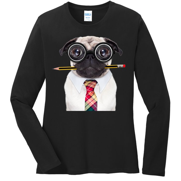 Nerdy Pug Dog With Glasses Ladies Long Sleeve Shirt