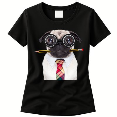 Nerdy Pug Dog With Glasses Womens T-Shirt