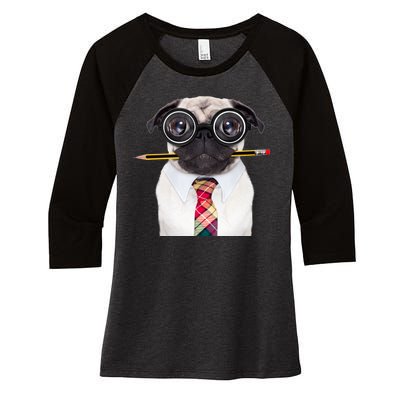 Nerdy Pug Dog With Glasses Women's Tri-Blend 3/4-Sleeve Raglan Shirt