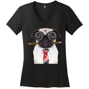 Nerdy Pug Dog With Glasses Women's V-Neck T-Shirt