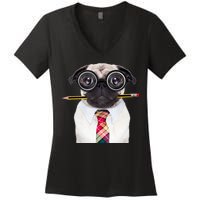 Nerdy Pug Dog With Glasses Women's V-Neck T-Shirt