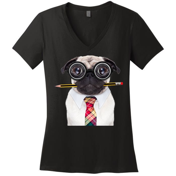 Nerdy Pug Dog With Glasses Women's V-Neck T-Shirt