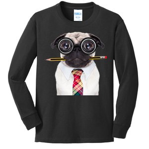 Nerdy Pug Dog With Glasses Kids Long Sleeve Shirt