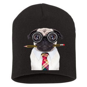 Nerdy Pug Dog With Glasses Short Acrylic Beanie