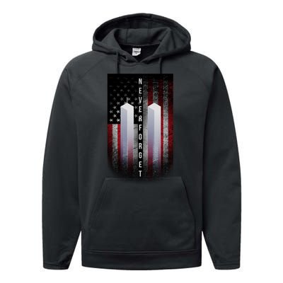 Never forget 9-11 Twin Towers American Flag Performance Fleece Hoodie