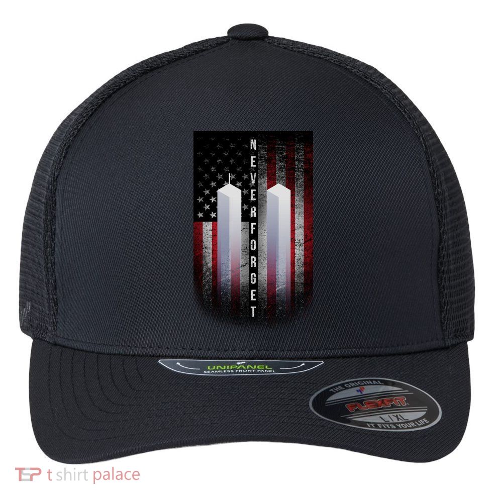 Never forget 9-11 Twin Towers American Flag Flexfit Unipanel Trucker Cap