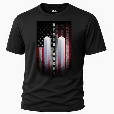 Never forget 9-11 Twin Towers American Flag Cooling Performance Crew T-Shirt