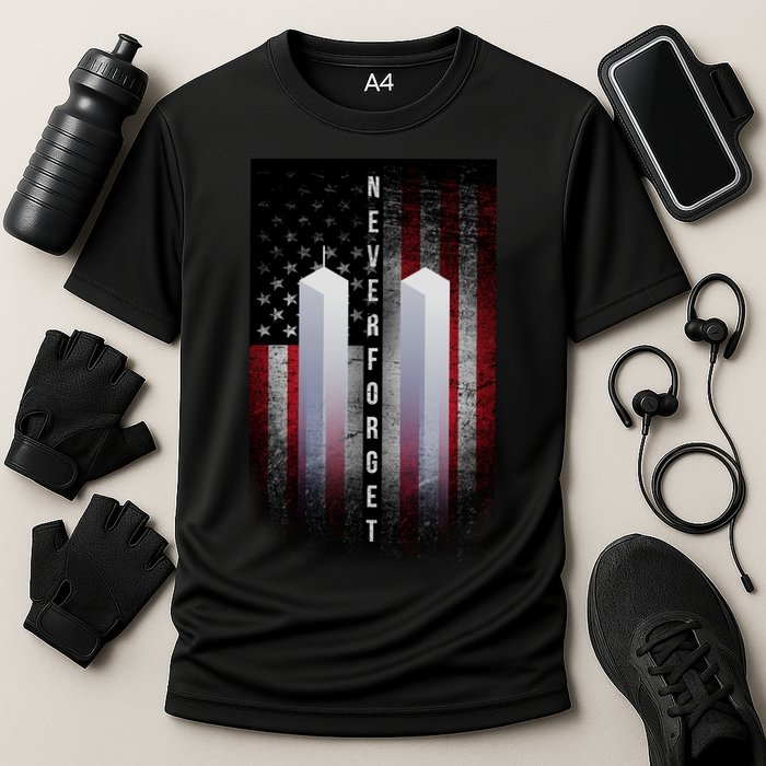 Never forget 9-11 Twin Towers American Flag Cooling Performance Crew T-Shirt