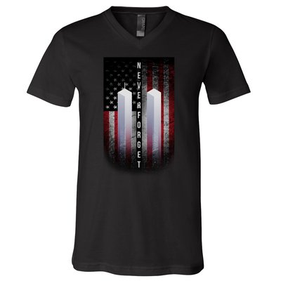 Never forget 9-11 Twin Towers American Flag V-Neck T-Shirt