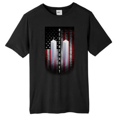 Never forget 9-11 Twin Towers American Flag Tall Fusion ChromaSoft Performance T-Shirt