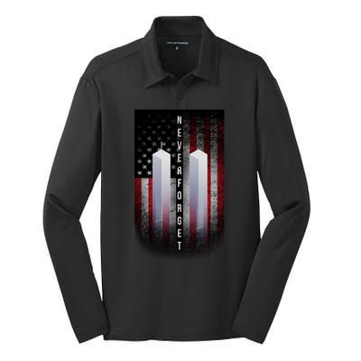 Never forget 9-11 Twin Towers American Flag Silk Touch Performance Long Sleeve Polo