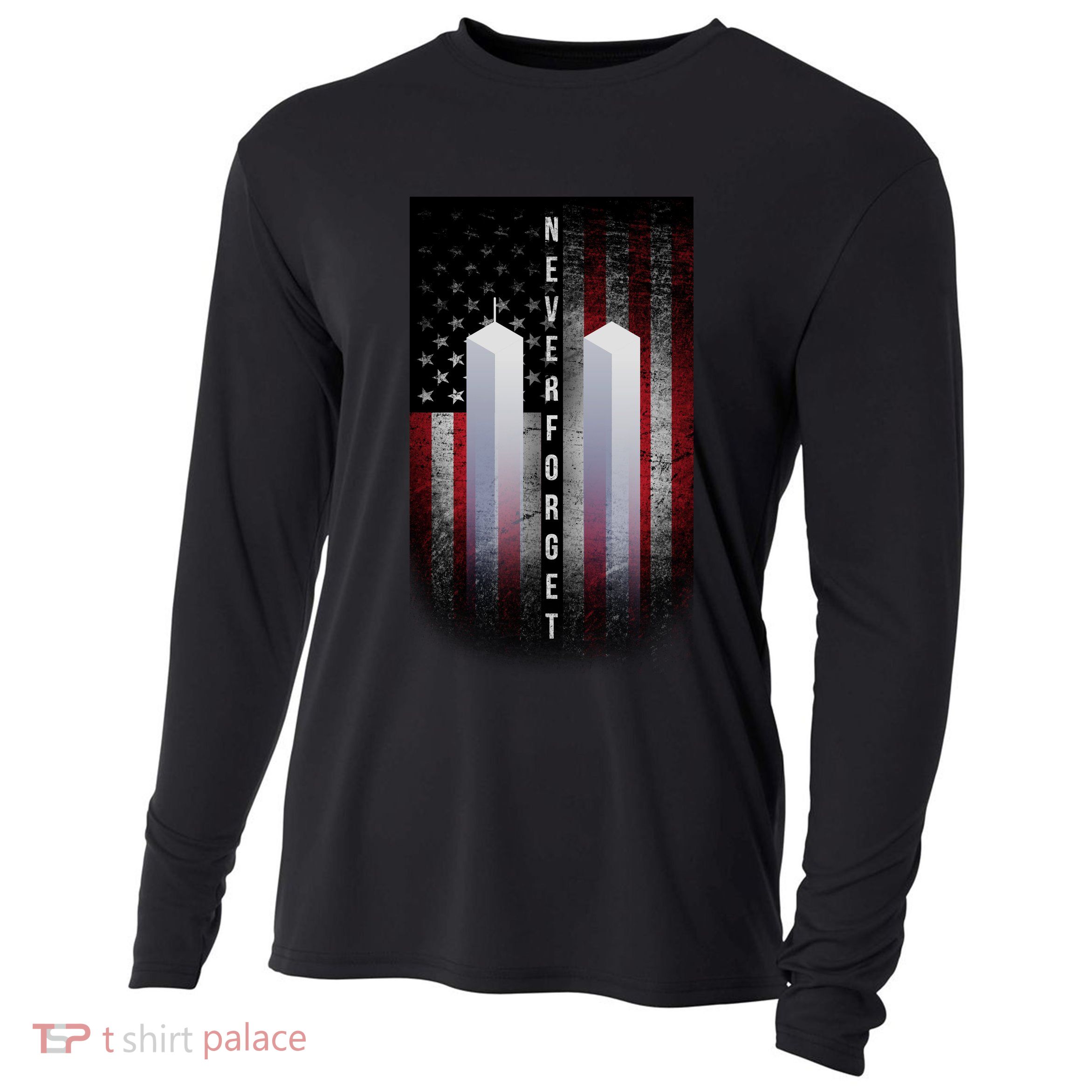 Never forget 9-11 Twin Towers American Flag Cooling Performance Long Sleeve Crew