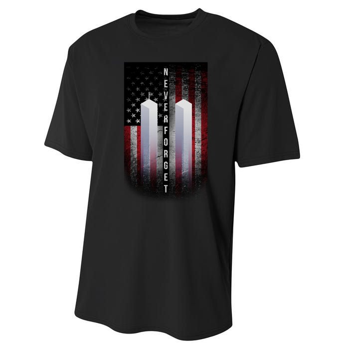 Never forget 9-11 Twin Towers American Flag Performance Sprint T-Shirt