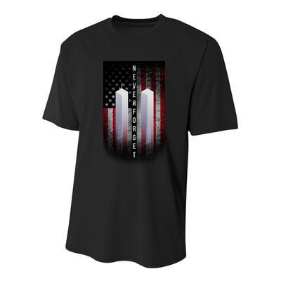 Never forget 9-11 Twin Towers American Flag Youth Performance Sprint T-Shirt