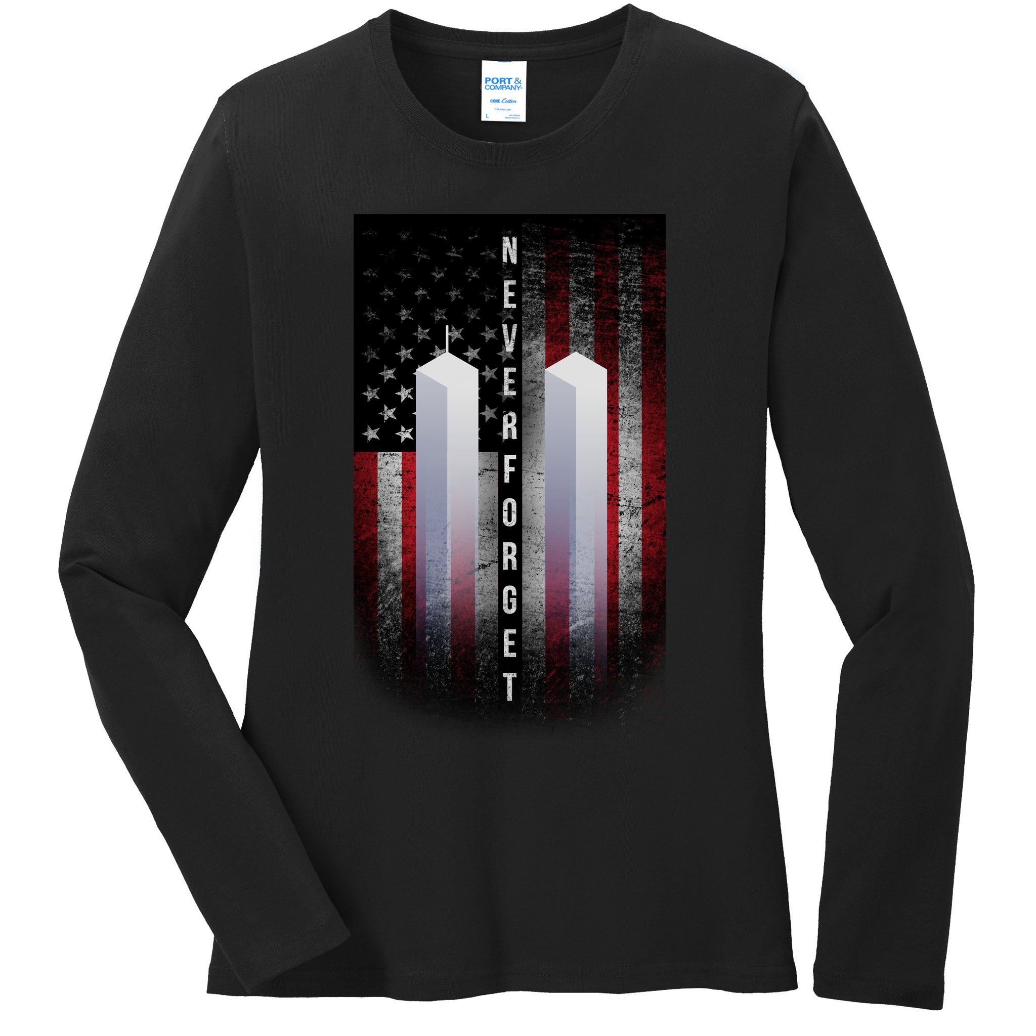 Never forget 9-11 Twin Towers American Flag Ladies Long Sleeve Shirt