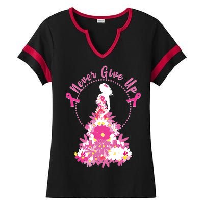 Never Give Up Breast Cancer Awareness Floral Ladies Halftime Notch Neck Tee