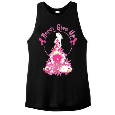 Never Give Up Breast Cancer Awareness Floral Ladies PosiCharge Tri-Blend Wicking Tank