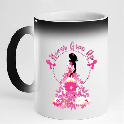 Never Give Up Breast Cancer Awareness Floral 11oz Black Color Changing Mug