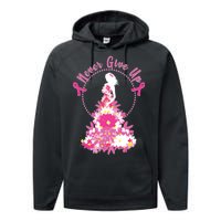 Never Give Up Breast Cancer Awareness Floral Performance Fleece Hoodie