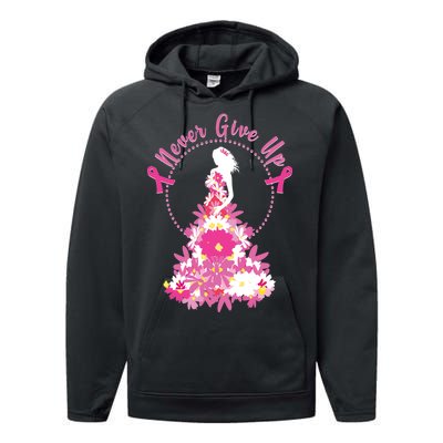 Never Give Up Breast Cancer Awareness Floral Performance Fleece Hoodie