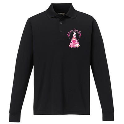 Never Give Up Breast Cancer Awareness Floral Performance Long Sleeve Polo