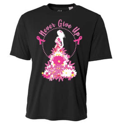 Never Give Up Breast Cancer Awareness Floral Cooling Performance Crew T-Shirt