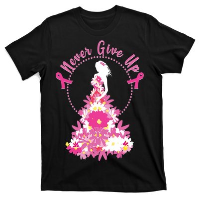 Never Give Up Breast Cancer Awareness Floral T-Shirt