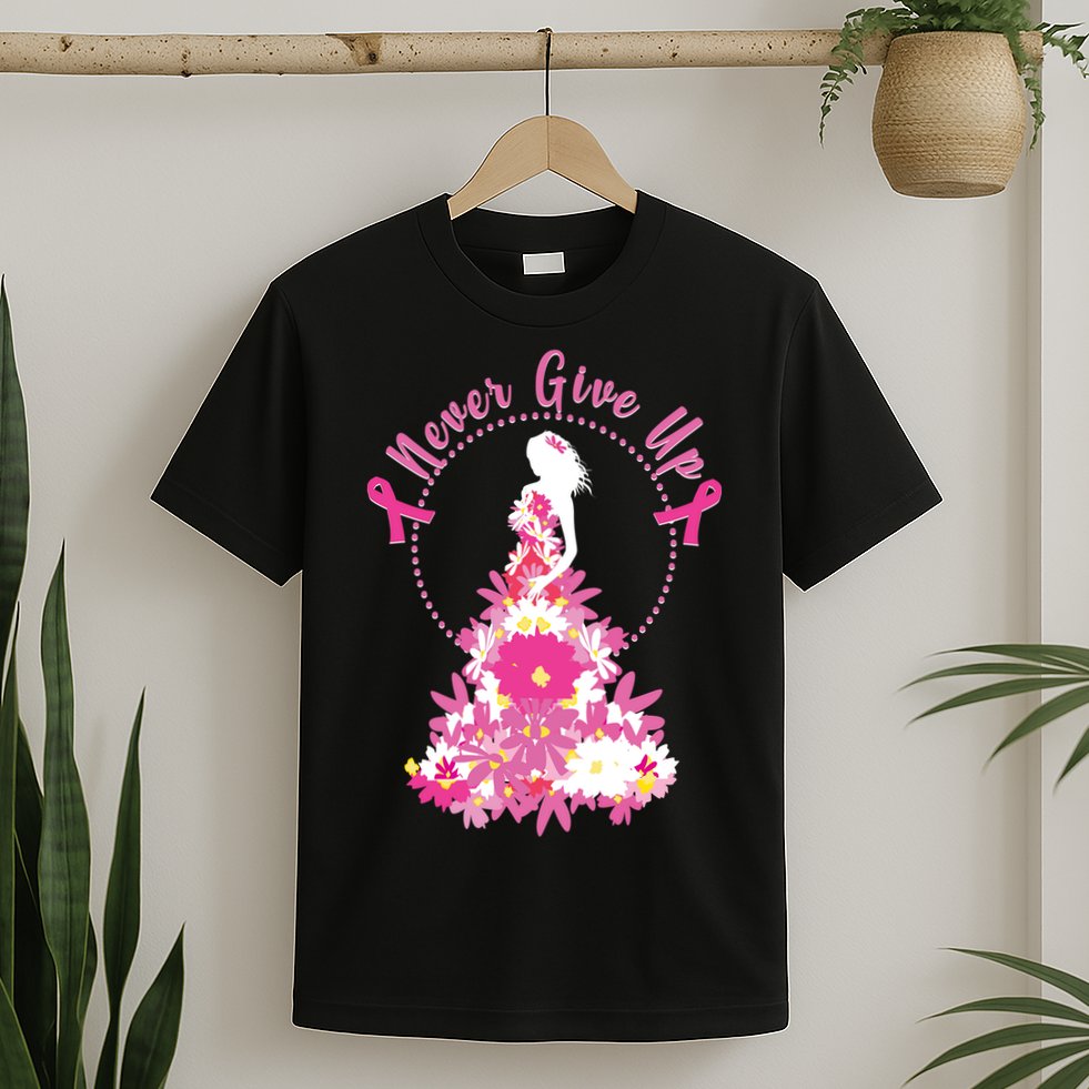 Never Give Up Breast Cancer Awareness Floral T-Shirt