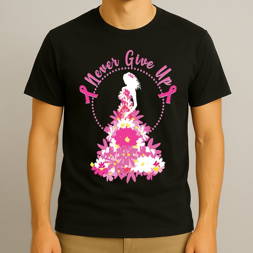 Never Give Up Breast Cancer Awareness Floral T-Shirt