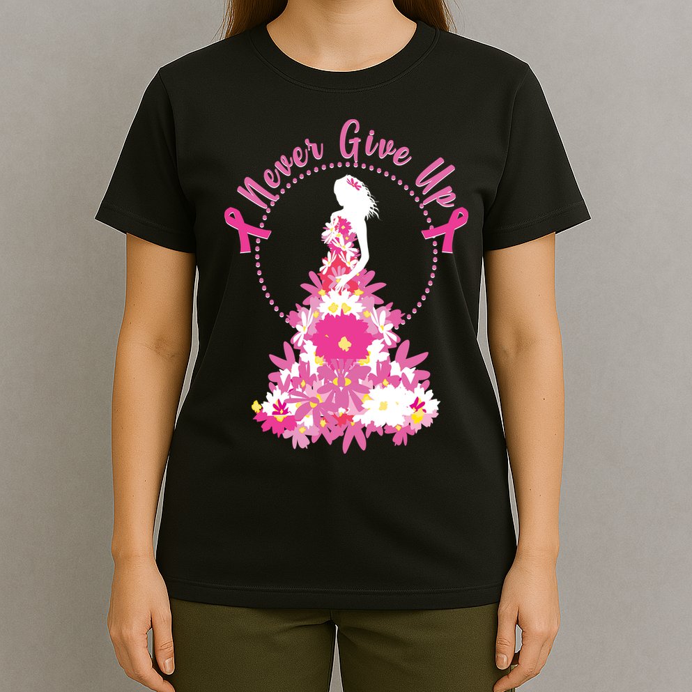 Never Give Up Breast Cancer Awareness Floral T-Shirt