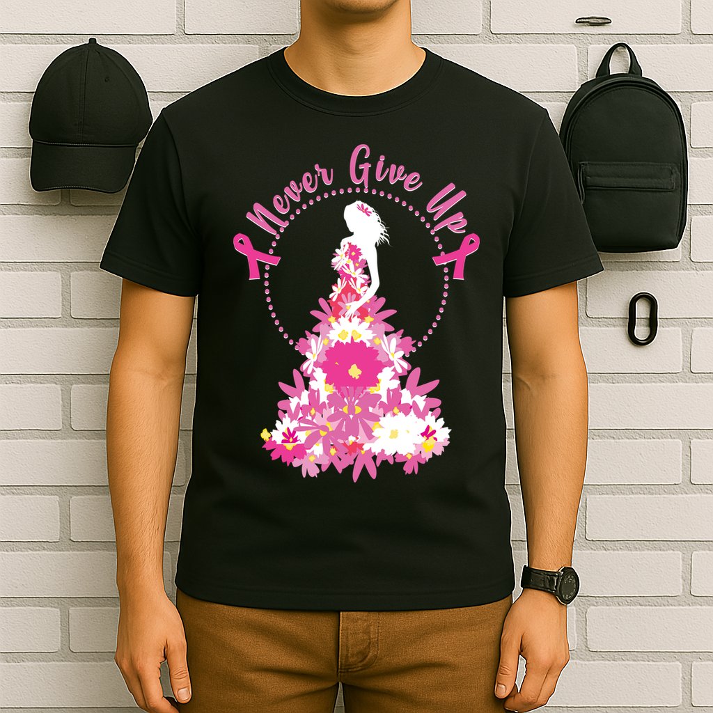 Never Give Up Breast Cancer Awareness Floral T-Shirt