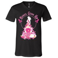 Never Give Up Breast Cancer Awareness Floral V-Neck T-Shirt